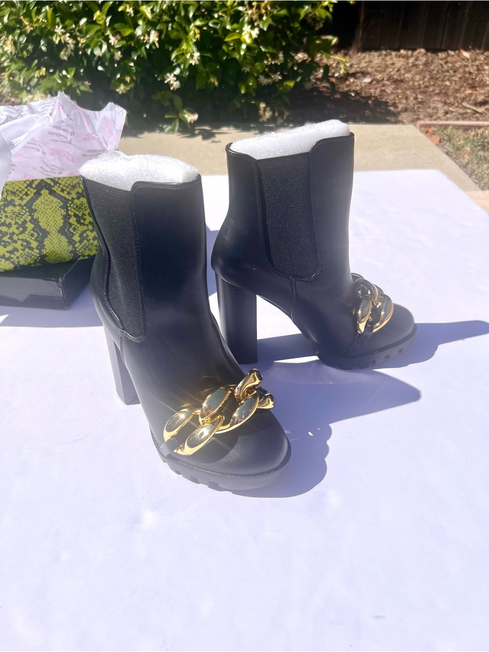 Gold Chain Black 4.5” Platform Heel Ankle Booties - Chunky Lug Luxe Combat Boots